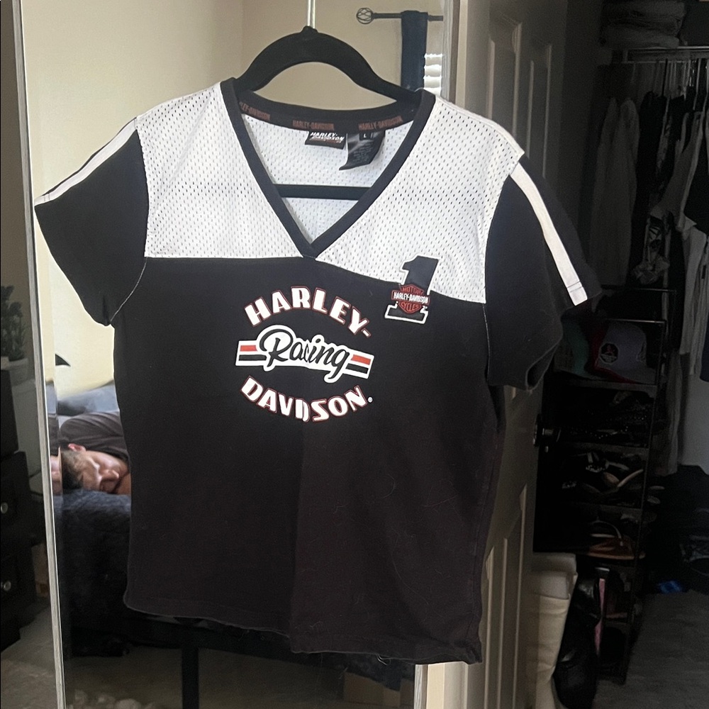 Harley Davidson Racing Motorcycle Shirt Black White Mesh Womens Large